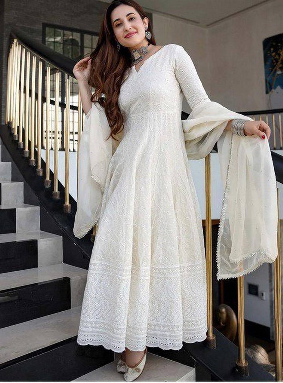 STYLISH CREATION Women Embroidered Cotton Blend Anarkali Kurta Wi