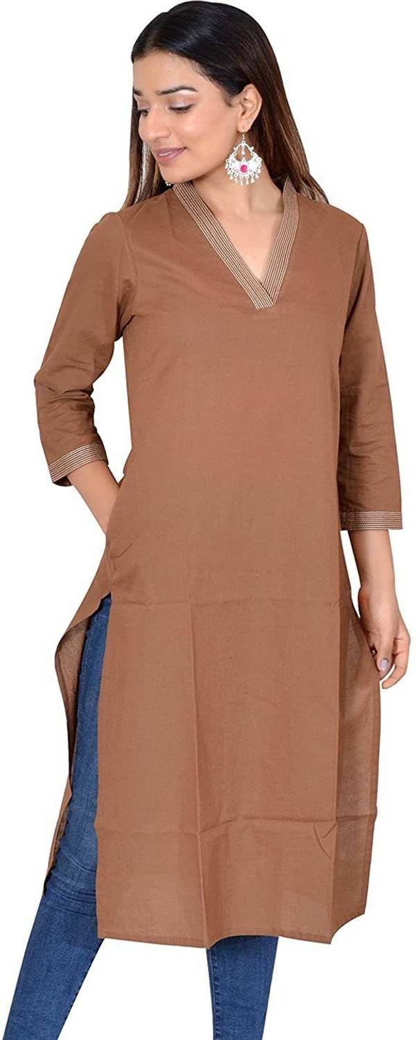 JAIPUR HAND BLOCK Women Solid Pure Cotton Straight Kurta (Brown)