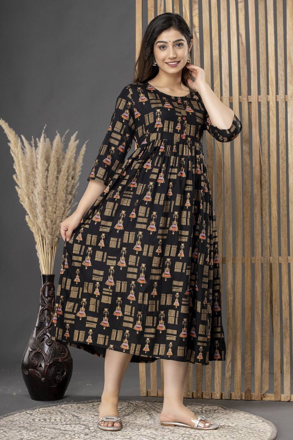 Nazarana Women Printed Cotton Blend Flared Kurta (Multicolor)