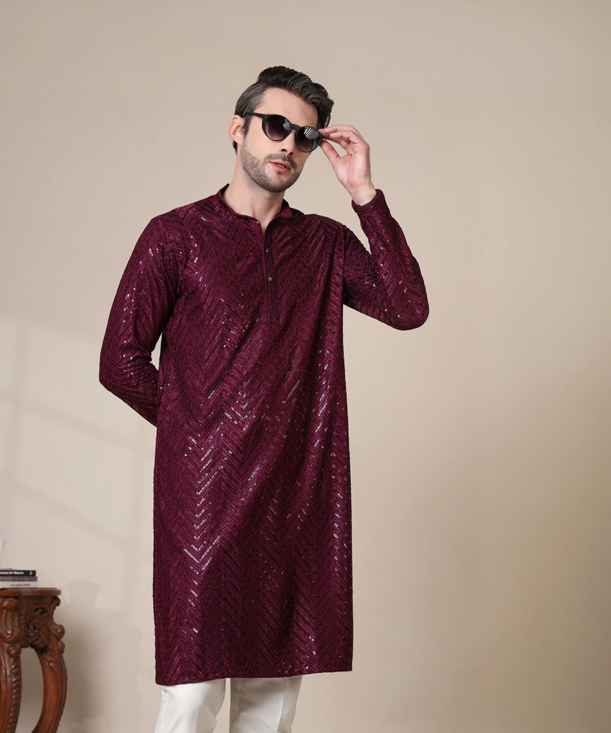 Image of ADHIRAJAN Men Embellished Straight Kurta