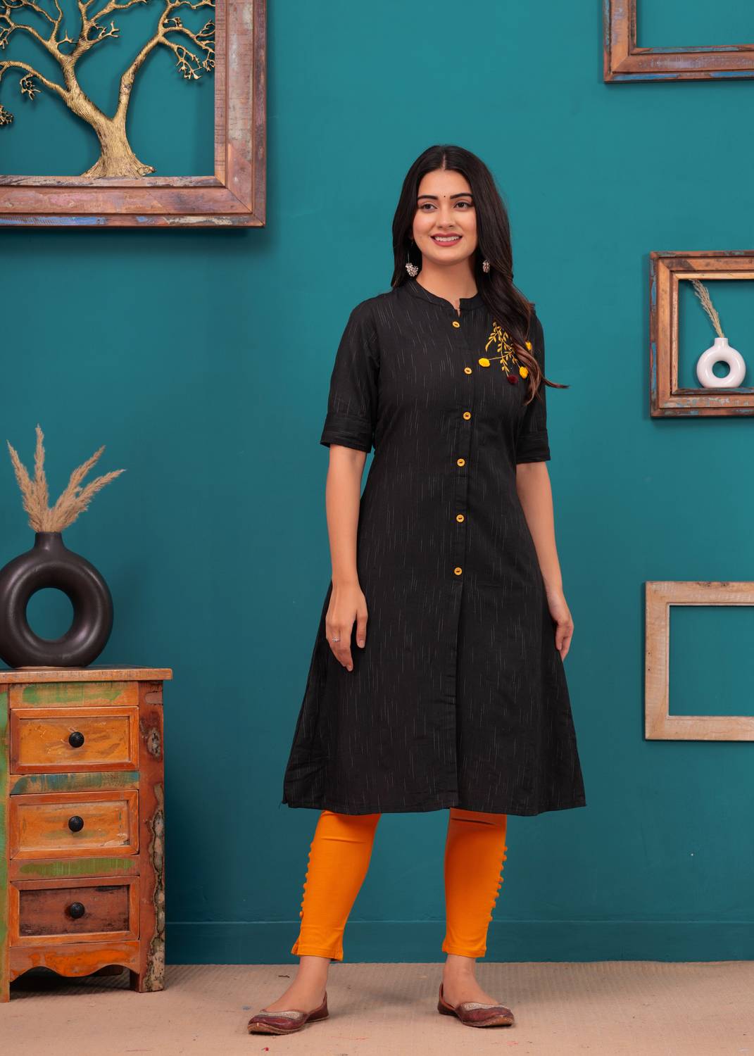 Dizon Women Embroidered Cotton Blend A-line Kurta (Black)