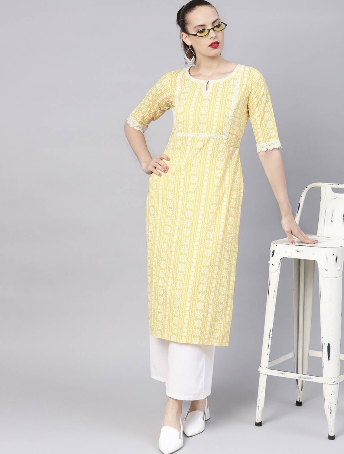 Deshopever Women Printed Cotton Rayon Straight Kurta (Yellow)