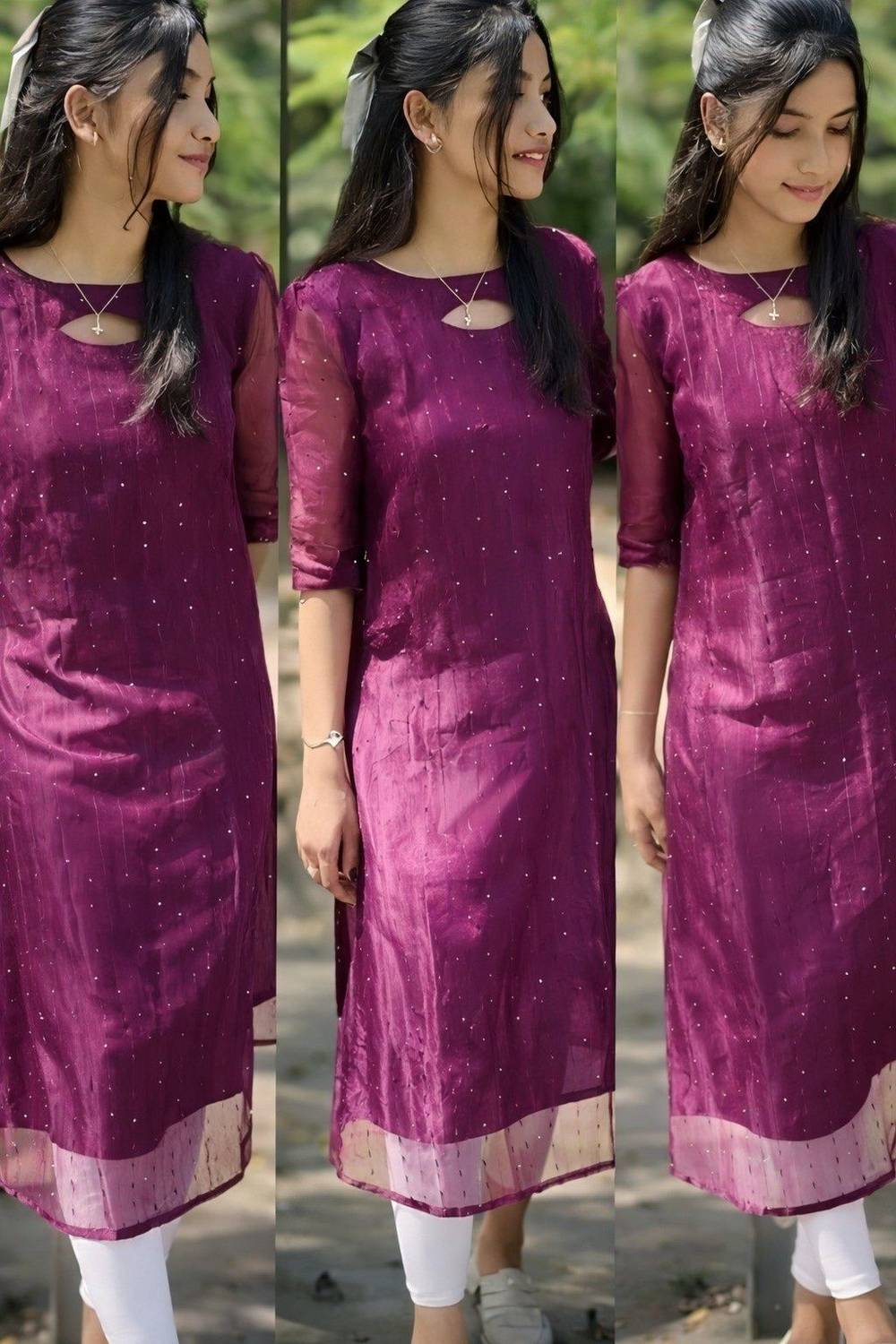 KKR CREATION Women Solid Organza Flared Kurta (Maroon)