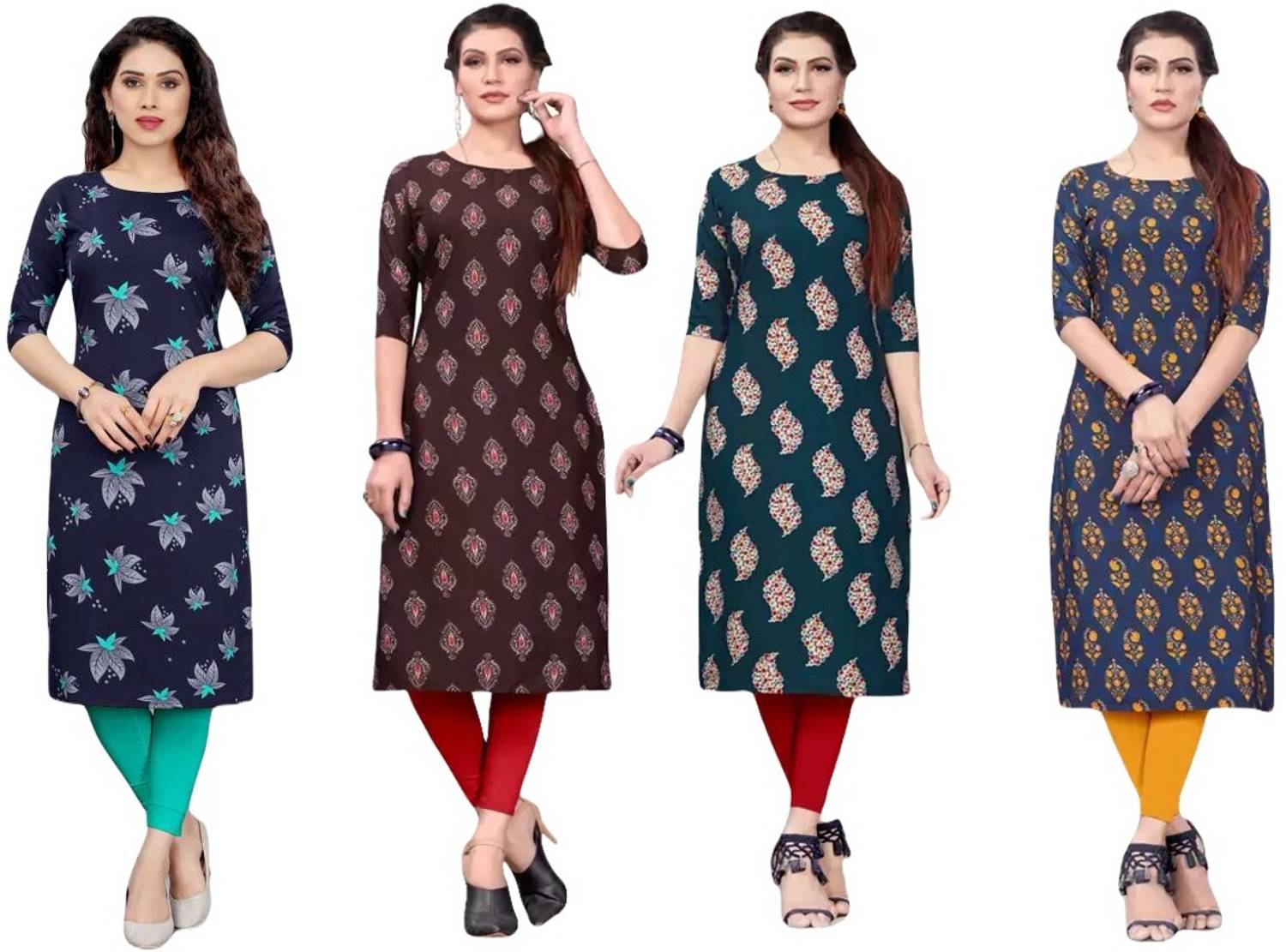 Hiral Pack of 4 Women Printed Crepe Straight Kurta (Light Blue)