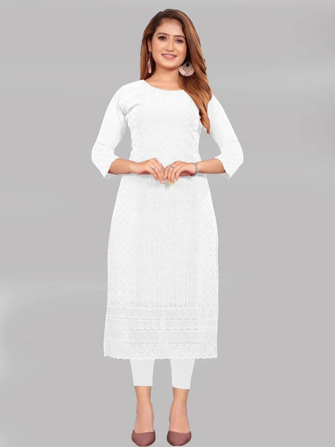 KAYRAAH Women Chikan Embroidery Georgette Straight Kurta (White)