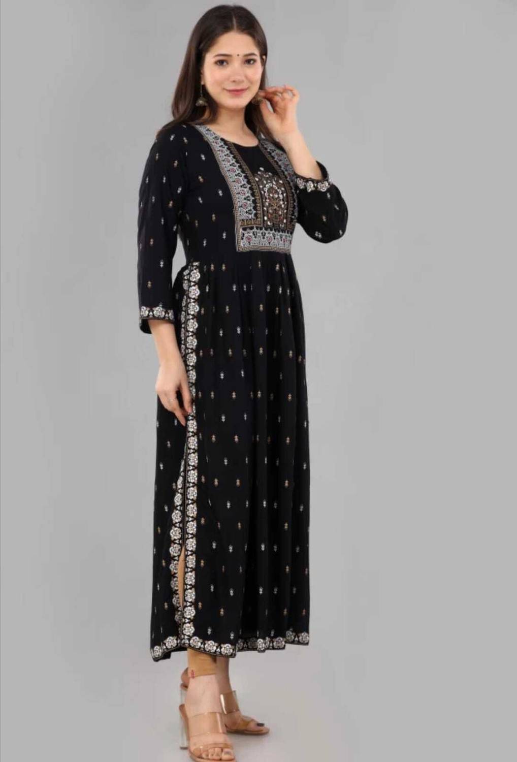 RadhikaKurtis Women Printed Viscose Rayon A-line Kurta (Black)