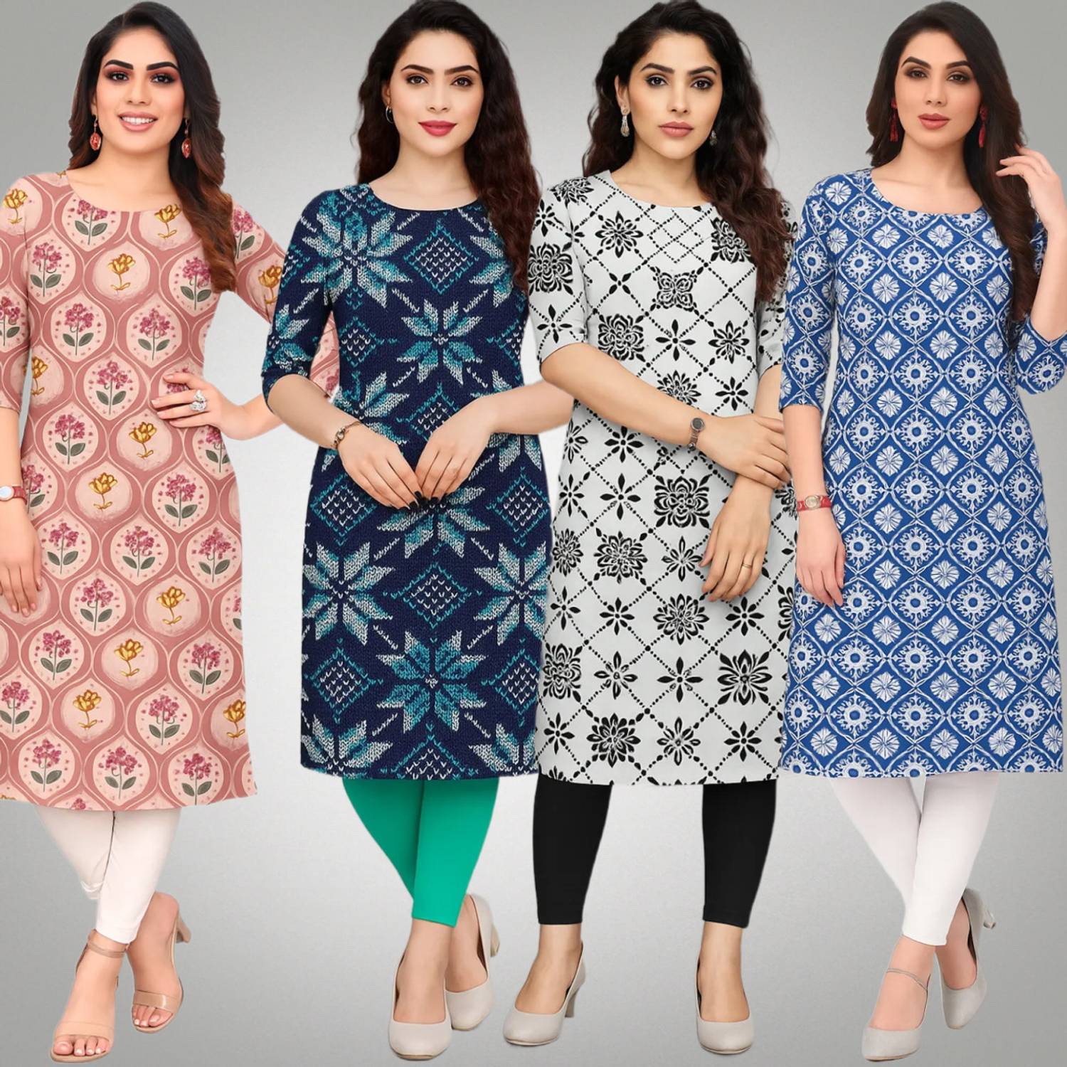 veemora Pack of 4 Women Printed Crepe Straight Kurta (Multicolor)