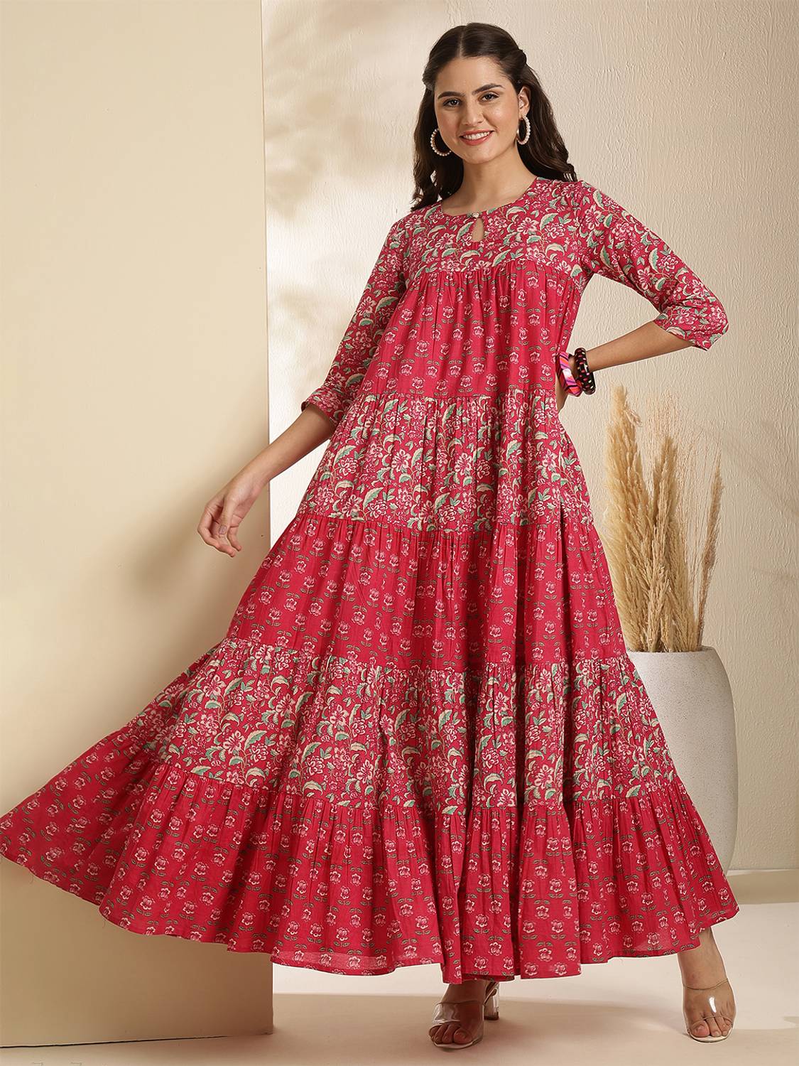 Gulmohar Jaipur Women Printed Pure Cotton Anarkali Kurta (Pink)