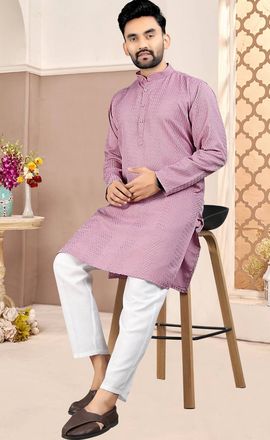 FOXDX Men Pink Straight Kurta - Image 4