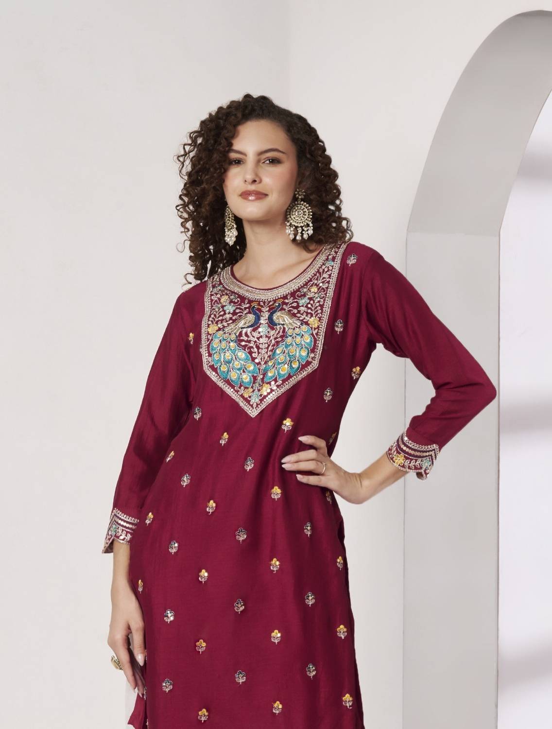 RARE THREAD Women Embroidered Silk Blend Straight Kurta (Maroon)