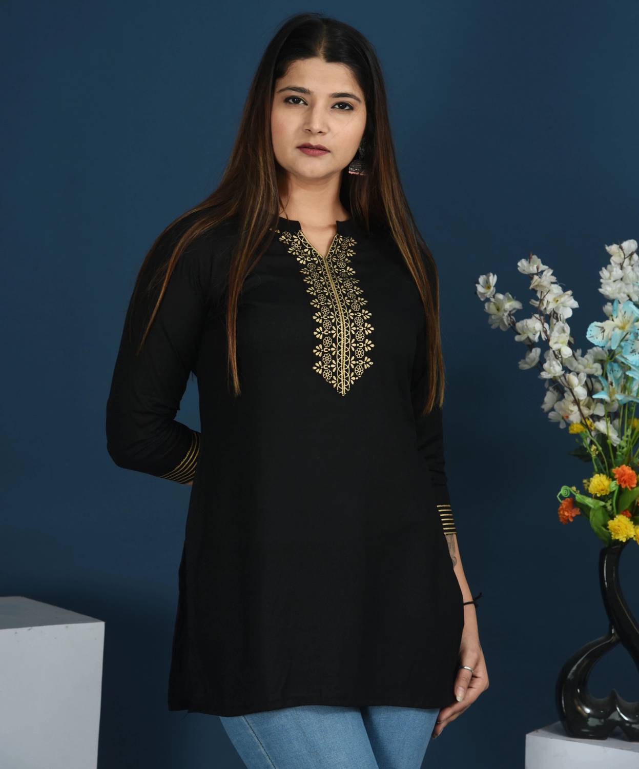 BHUMI FASHION Women Embroidered Viscose Rayon Straight Kurta (Bla
