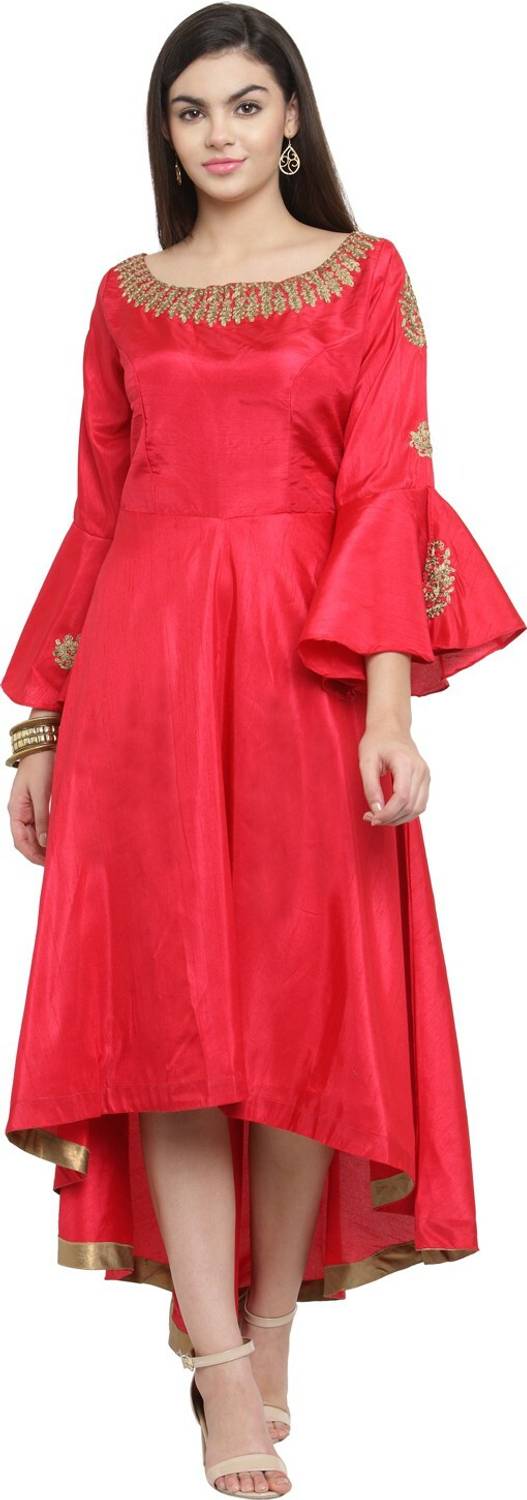 AD4U Women Solid Pure Silk A-line Kurta (Red)