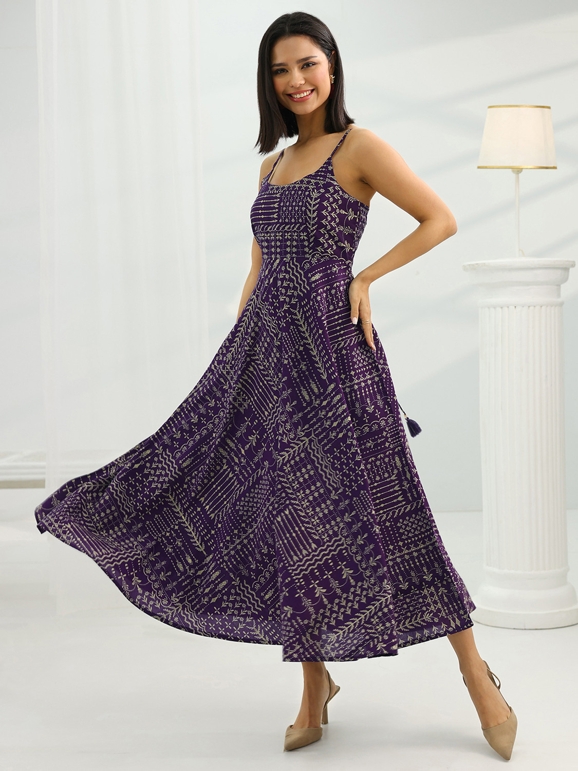 Image of LIBAS Women Fit and Flare Purple Midi /Calf Length Dress