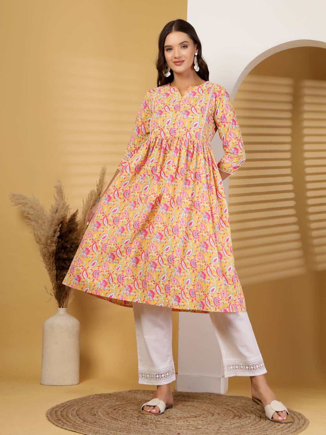 LARGISH Women Printed Pure Cotton A-line Kurta (Yellow)
