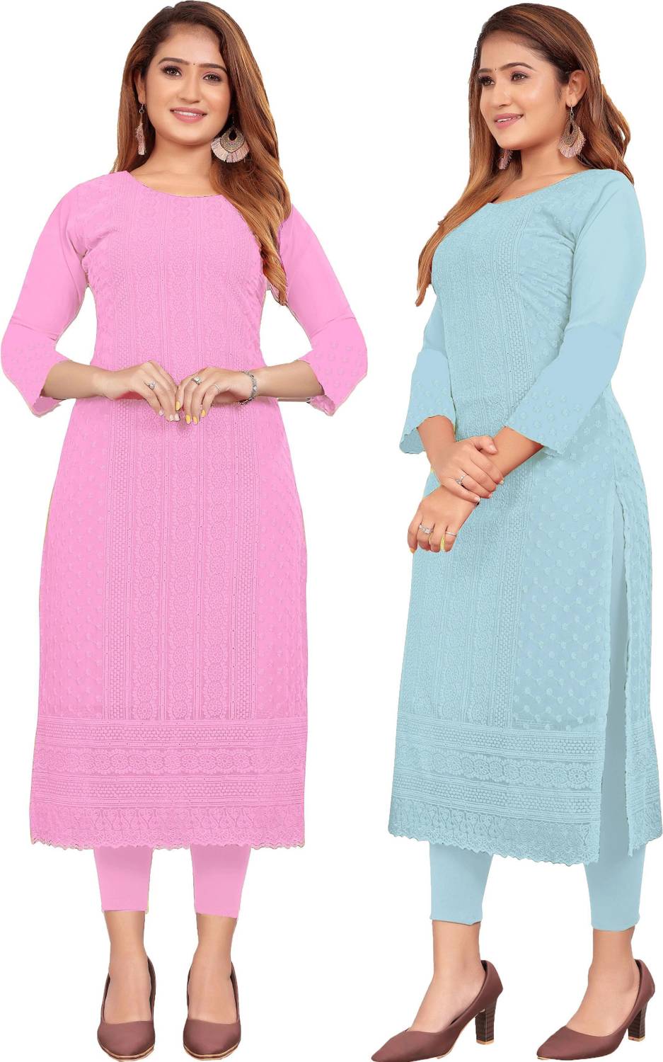 KAYRAAH Pack of 2 Women Chikan Embroidery Georgette Straight Kurt