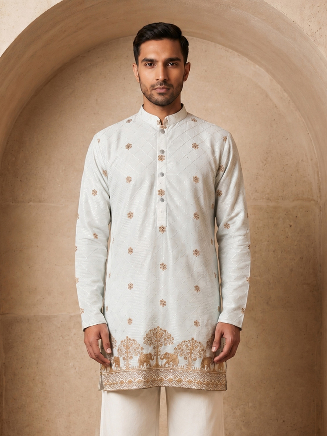 Image of Jompers Embroidered Cotton Blend Straight Kurta for Men (White)