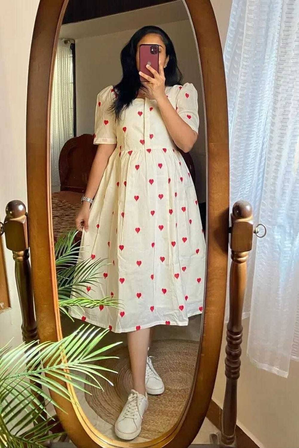 AREEH Women Printed Pure Cotton Gown Kurta (White, Red)