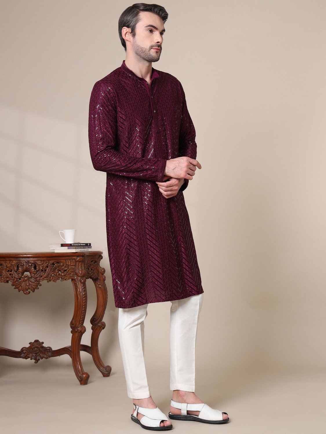 Image of ADHIRAJAN Men Embellished Straight Kurta