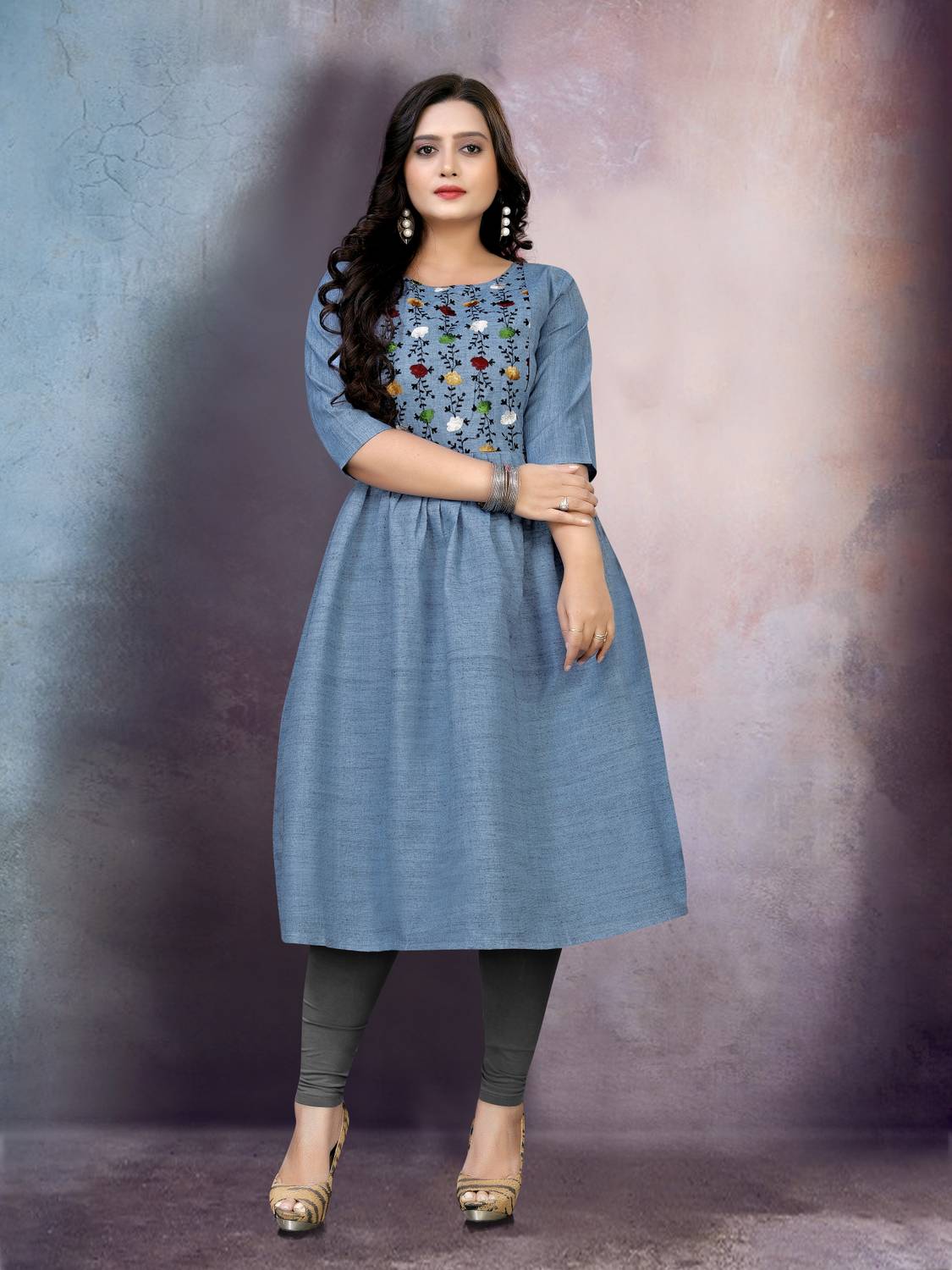 Aastha Women Embroidered Pure Cotton Anarkali Kurta (Blue)