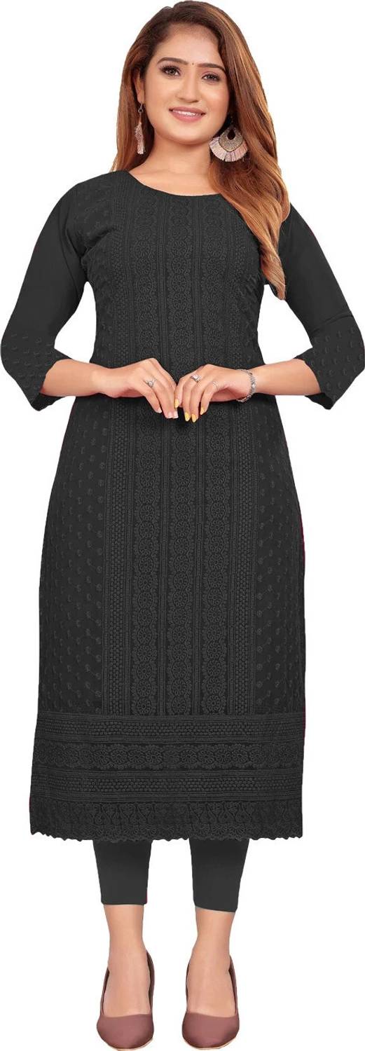 KAYRAAH Women Chikan Embroidery Georgette Straight Kurta (Black)