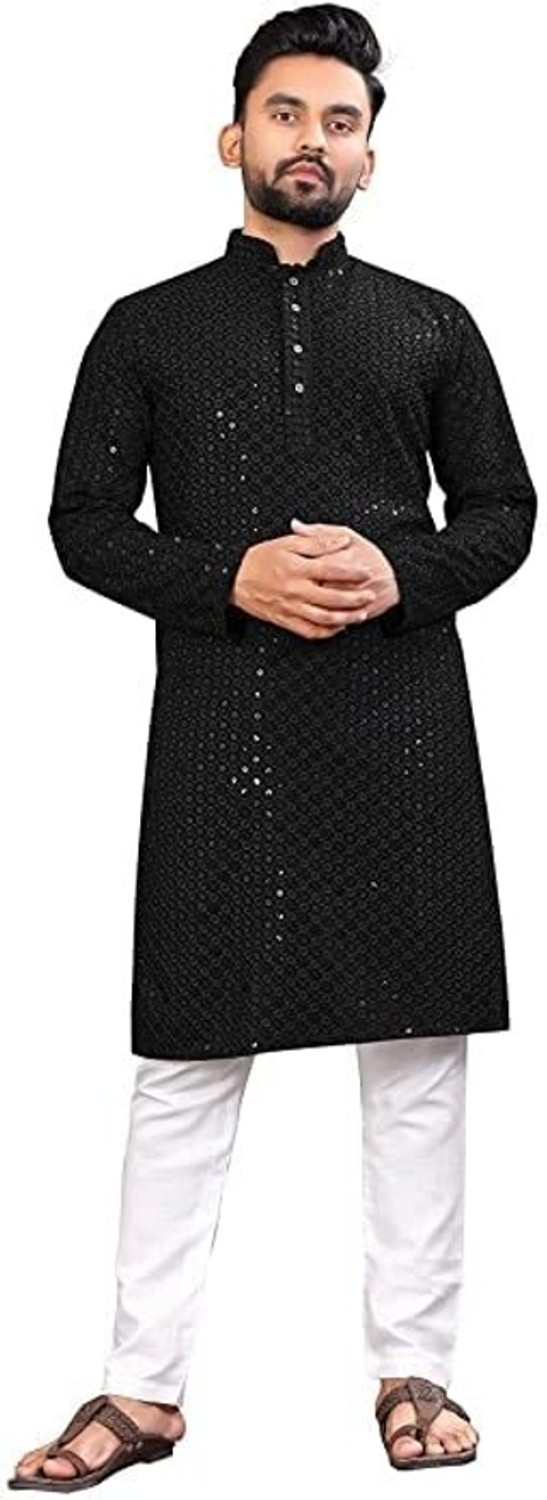 Image of StyleVault Men Chikan Embroidery Straight Kurta