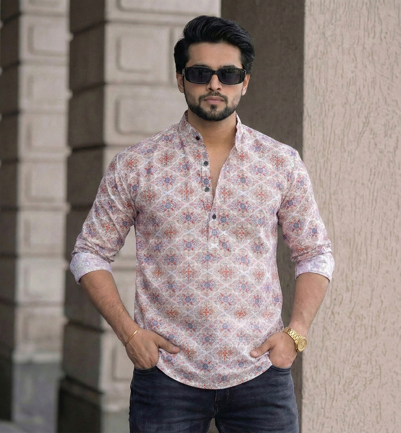 Image of Poltern Men Geometric Print, Printed Straight Kurta