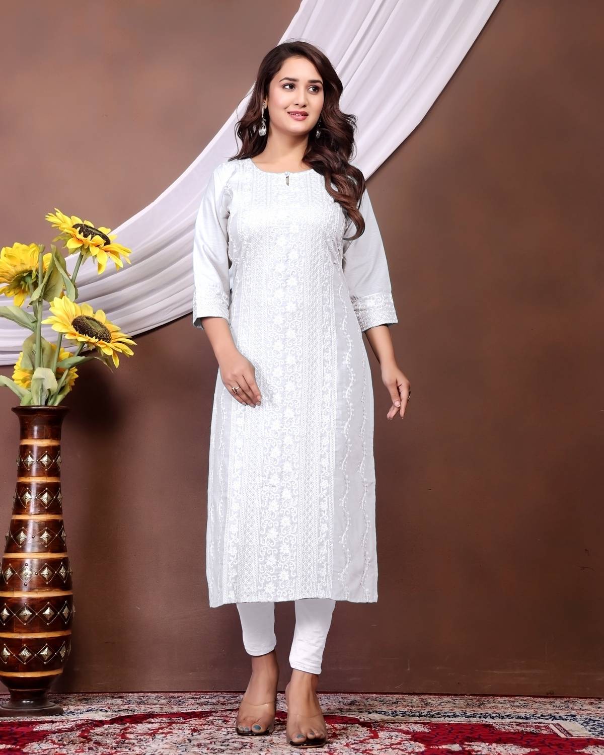 Nejadhari Fashion Women Chikan Embroidery Viscose Rayon A-line Ku