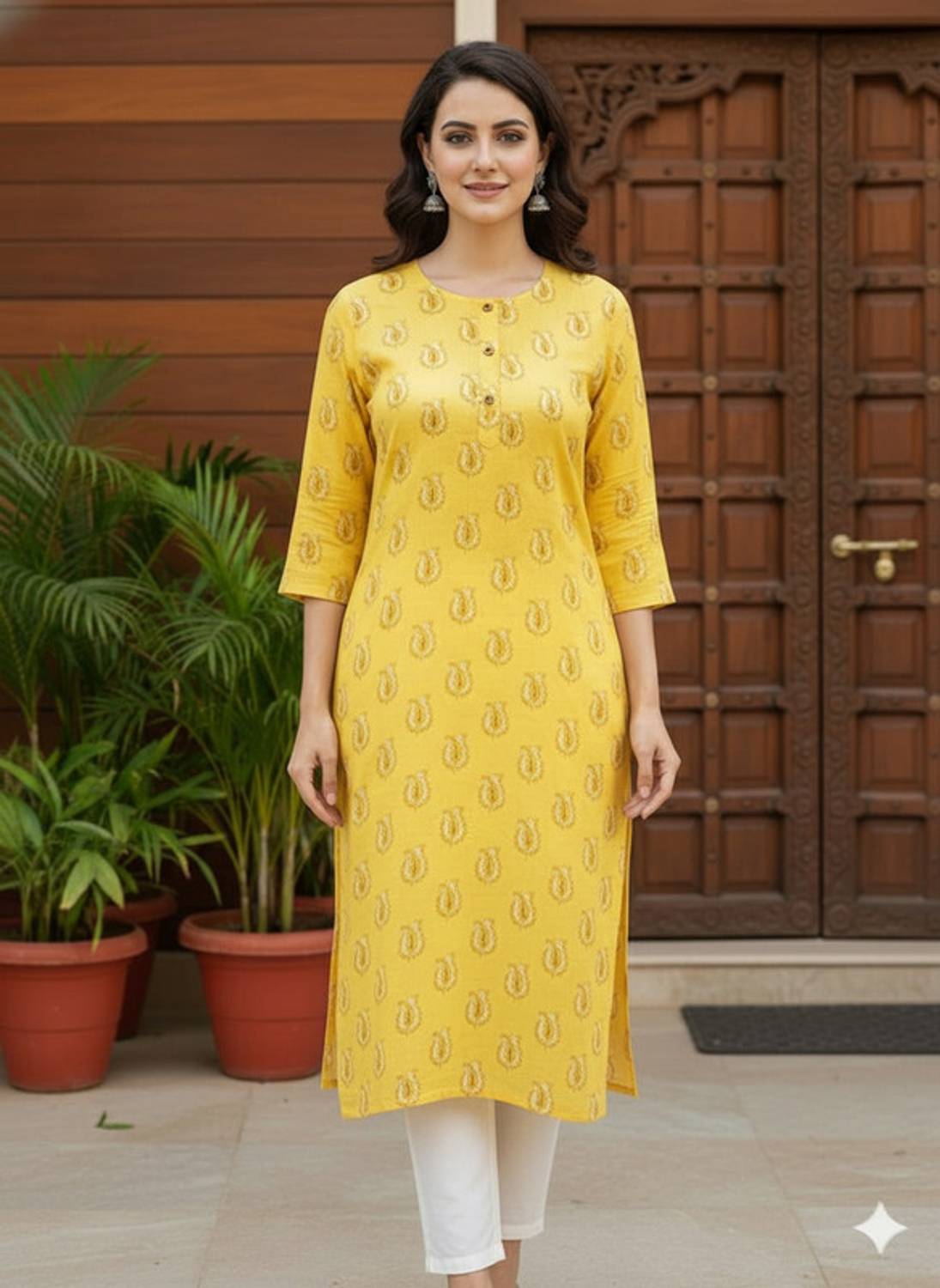 Saka Designs Women Printed Viscose Rayon Straight Kurta (Yellow)