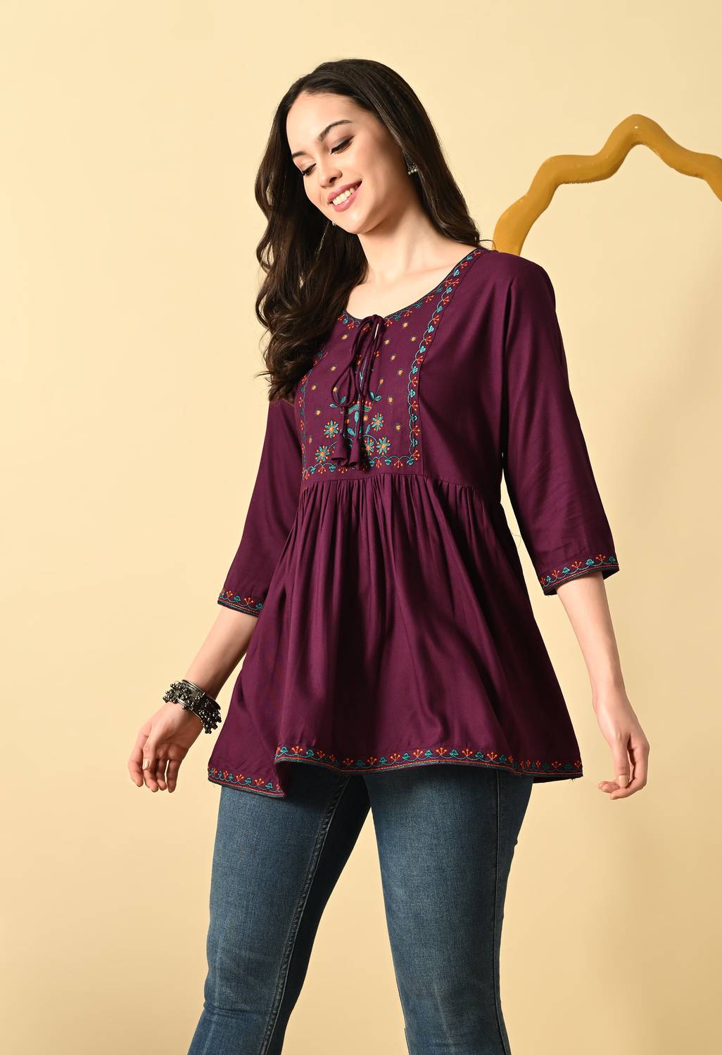 METAFAB Women Embroidered Viscose Rayon Flared Kurta (Maroon)