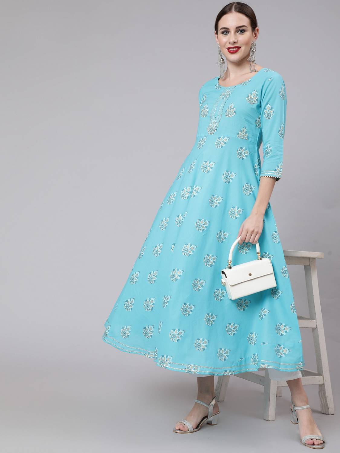 GLAM ROOTS Women Floral Print Pure Cotton Anarkali Kurta (Light B