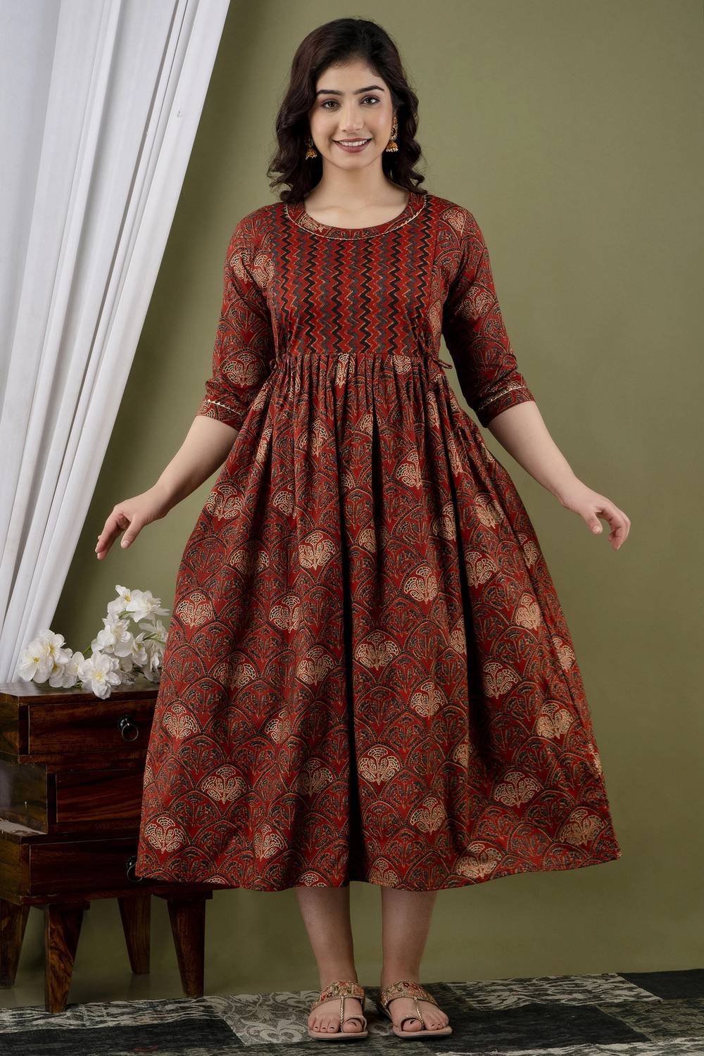 Madfury Women Printed Pure Cotton Anarkali Kurta (Maroon)