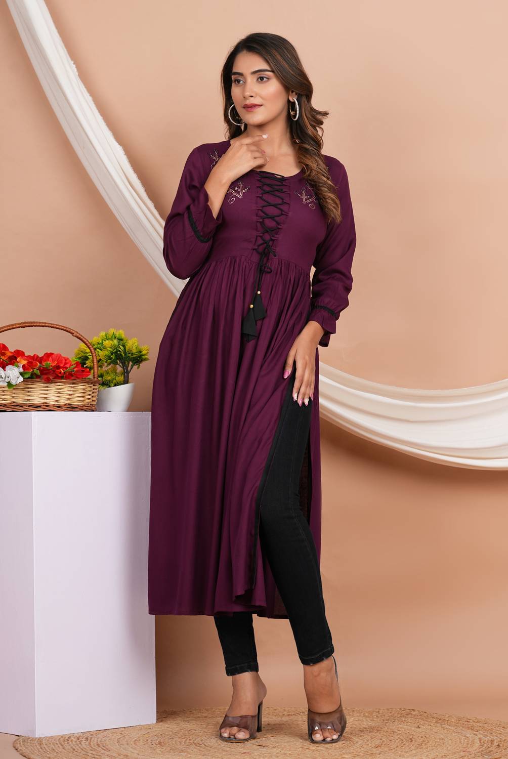 Alhadaya Women Solid Viscose Rayon A-line Kurta (Purple)