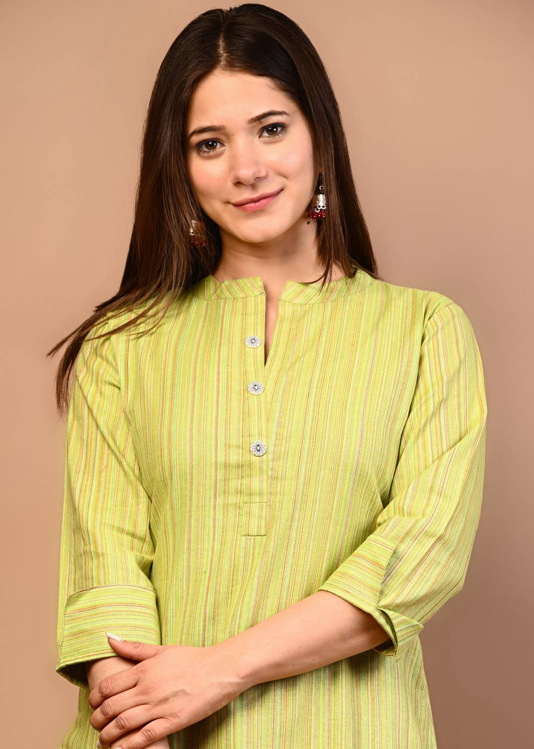 Rimeline Women Striped Pure Cotton Straight Kurta (Light Green)