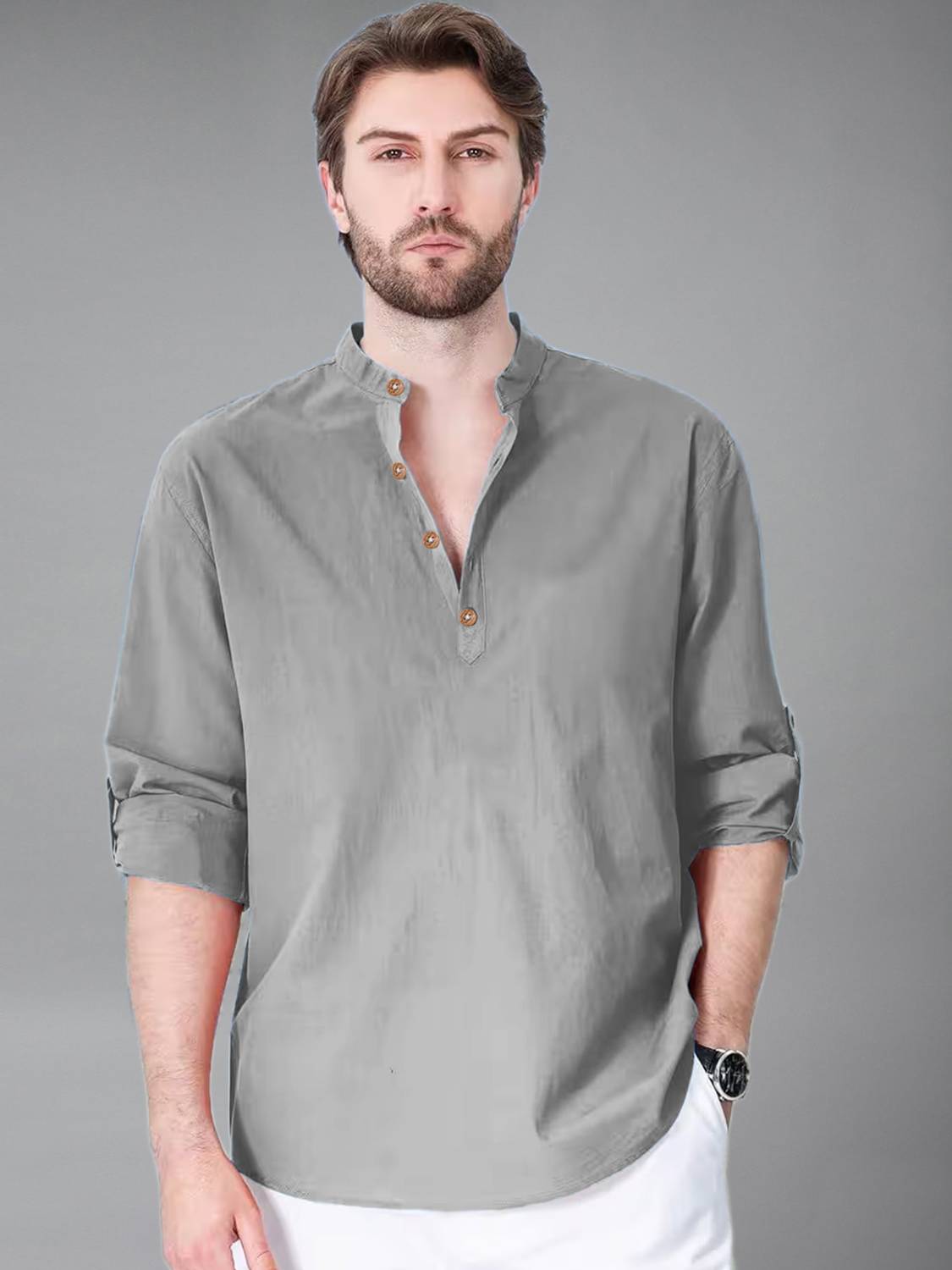 UNIFAV Men Gray Straight Kurta - Image 4