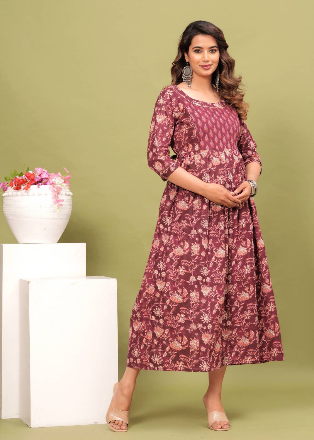 Madfury Women Printed Pure Cotton Anarkali Kurta (Brown)