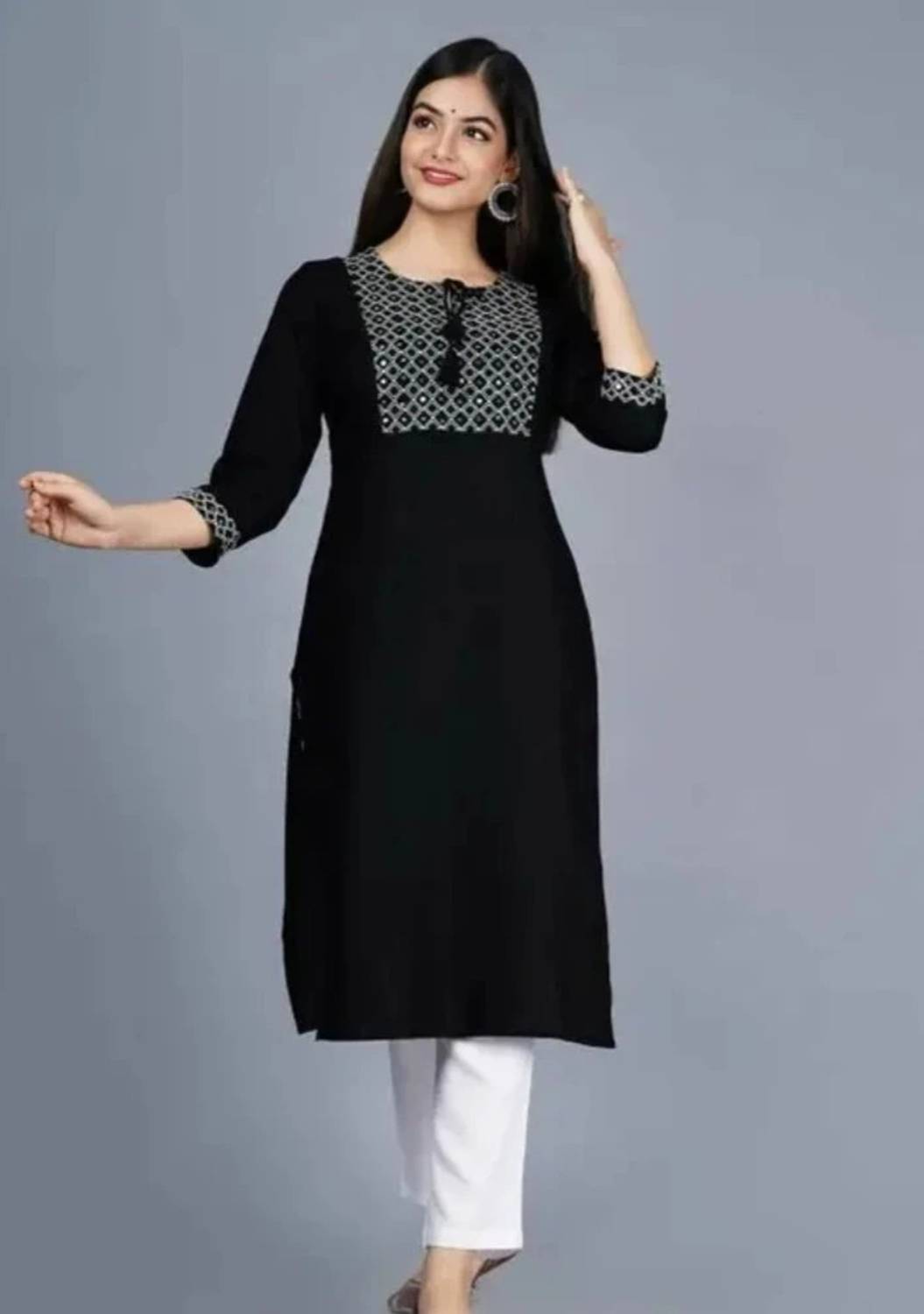 MAYALYFASHION Women Embroidered Viscose Rayon A-line Kurta (Black
