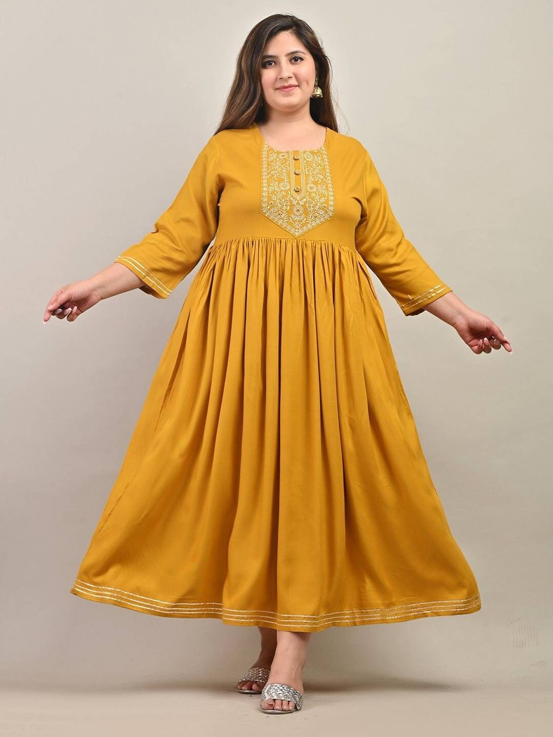 Swasti Women Printed Viscose Rayon Gown Kurta (Yellow)