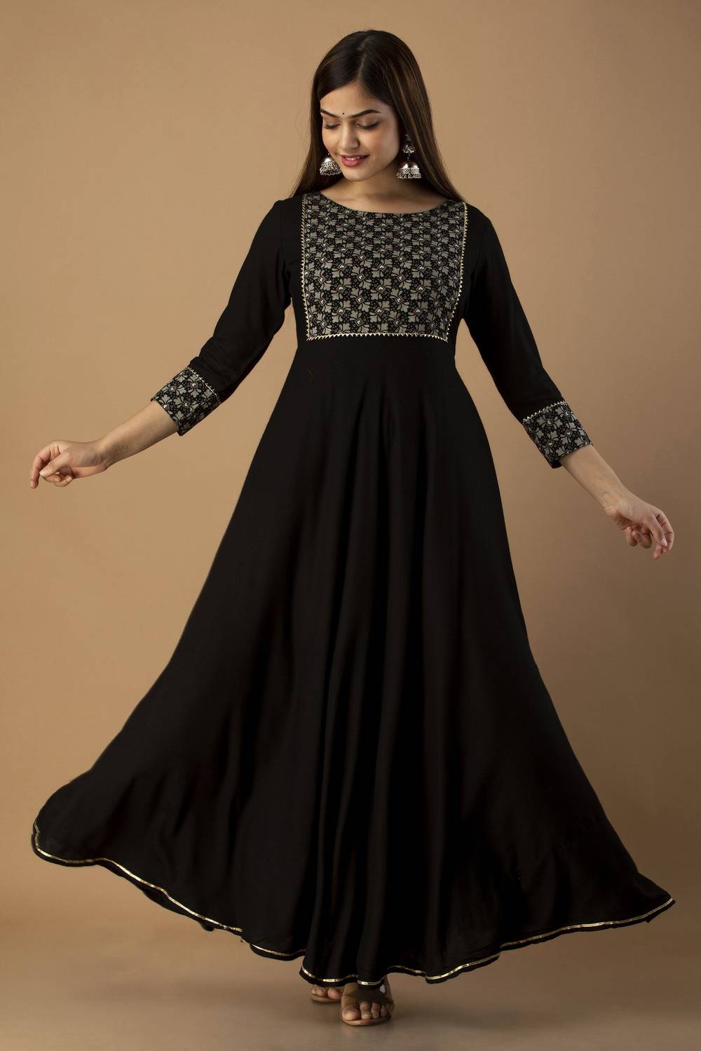 RAAKA Women Printed Viscose Rayon Anarkali Kurta (Black)