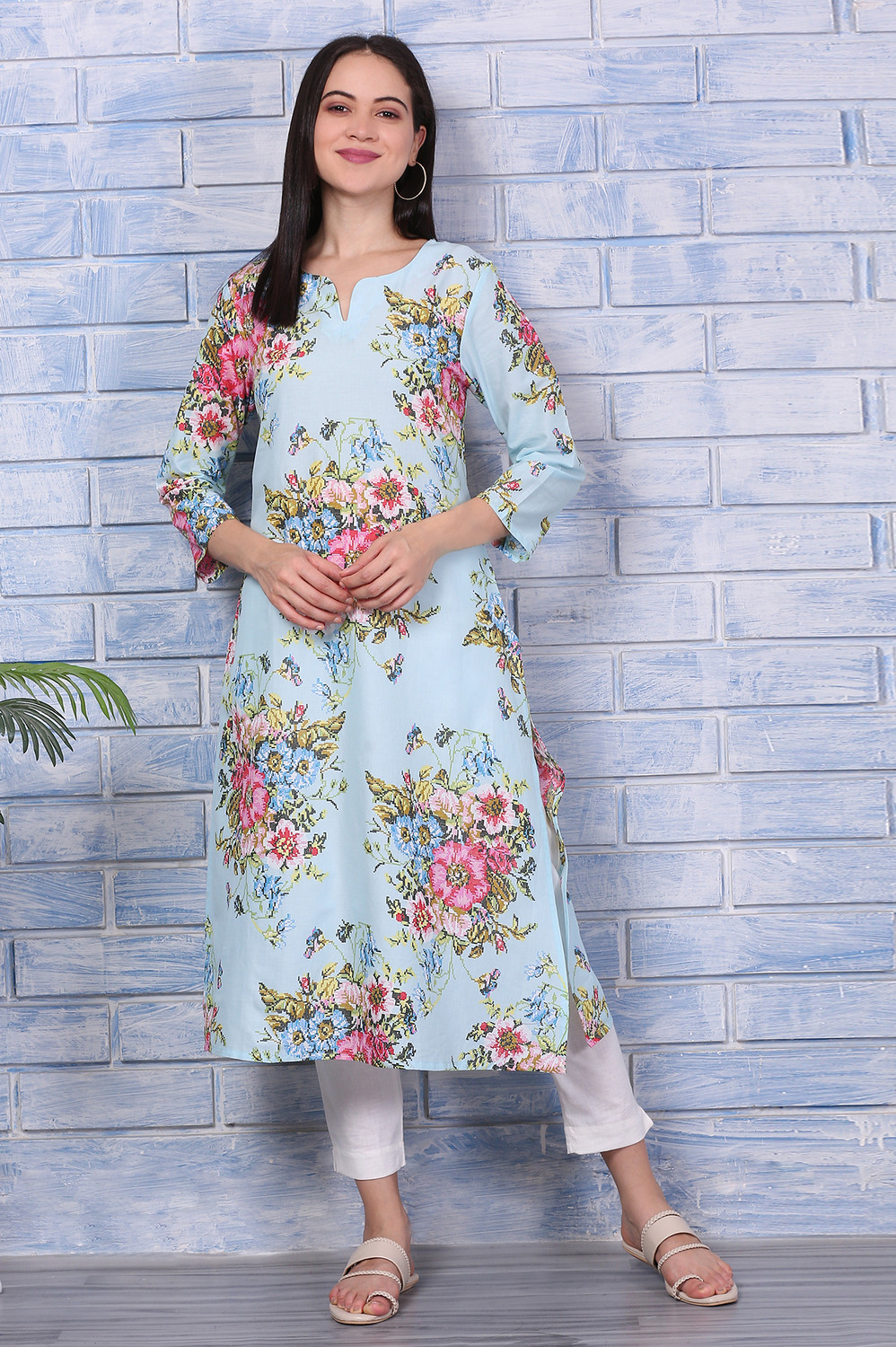 Image of W Floral Print Pure Cotton Straight Kurta for Women (Multicolor)