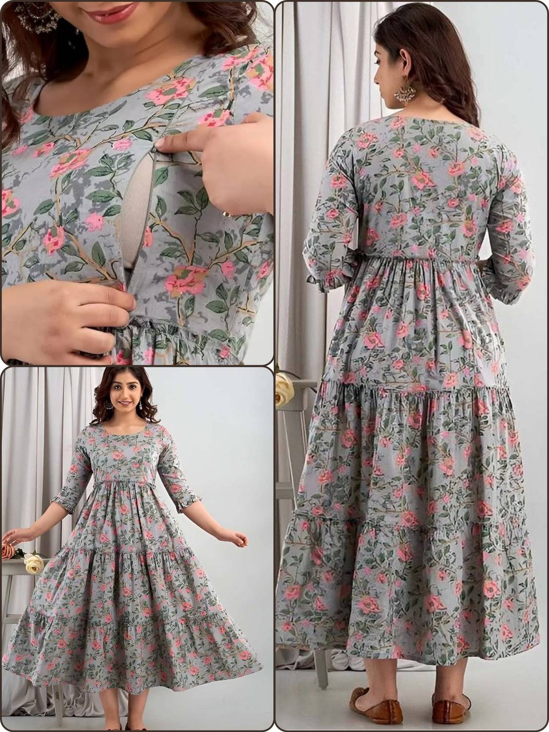 BAKNAD Women Floral Print Viscose Rayon Anarkali Kurta (Grey)