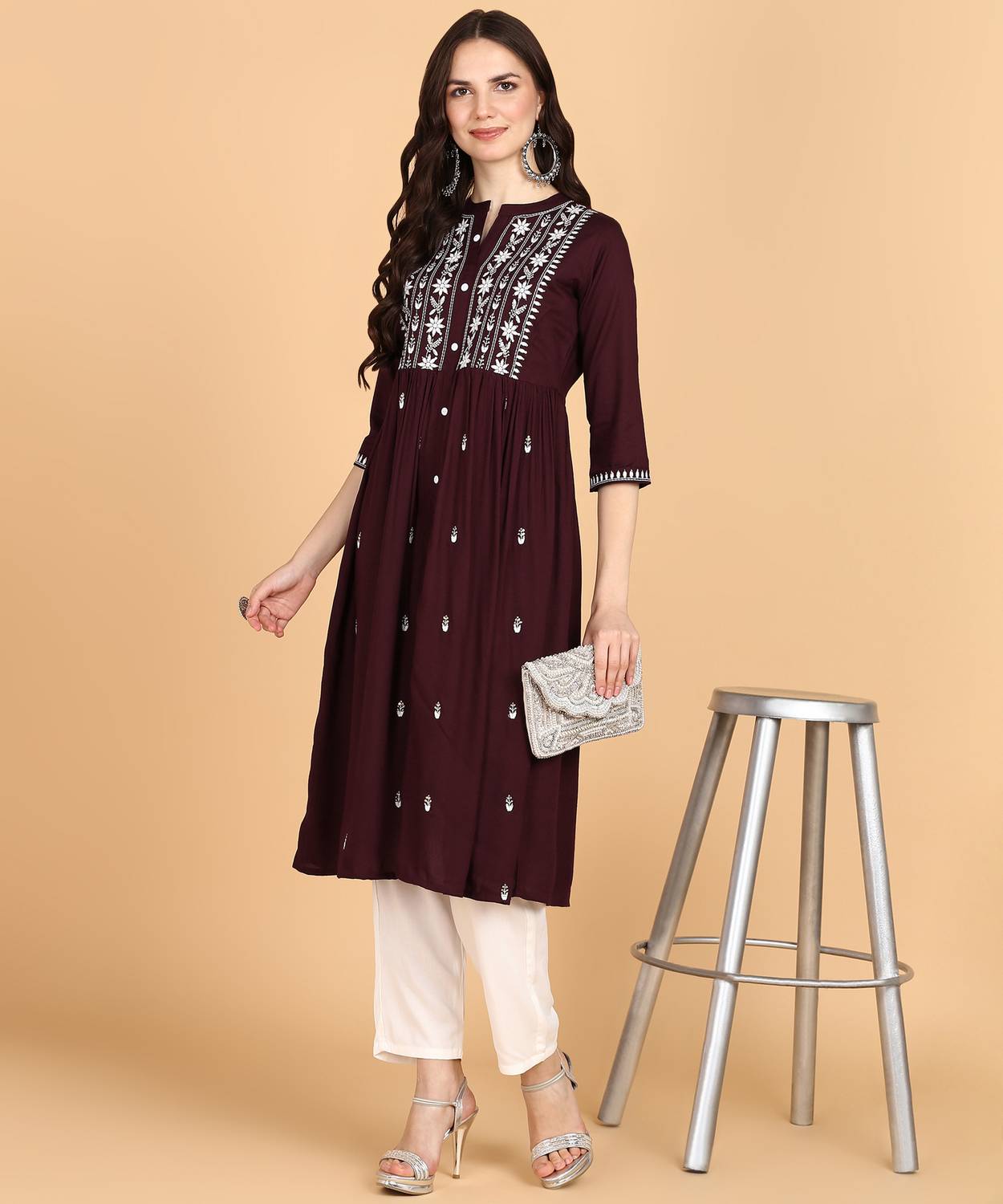 ANGITA Women Chikan Embroidery A-line Kurta