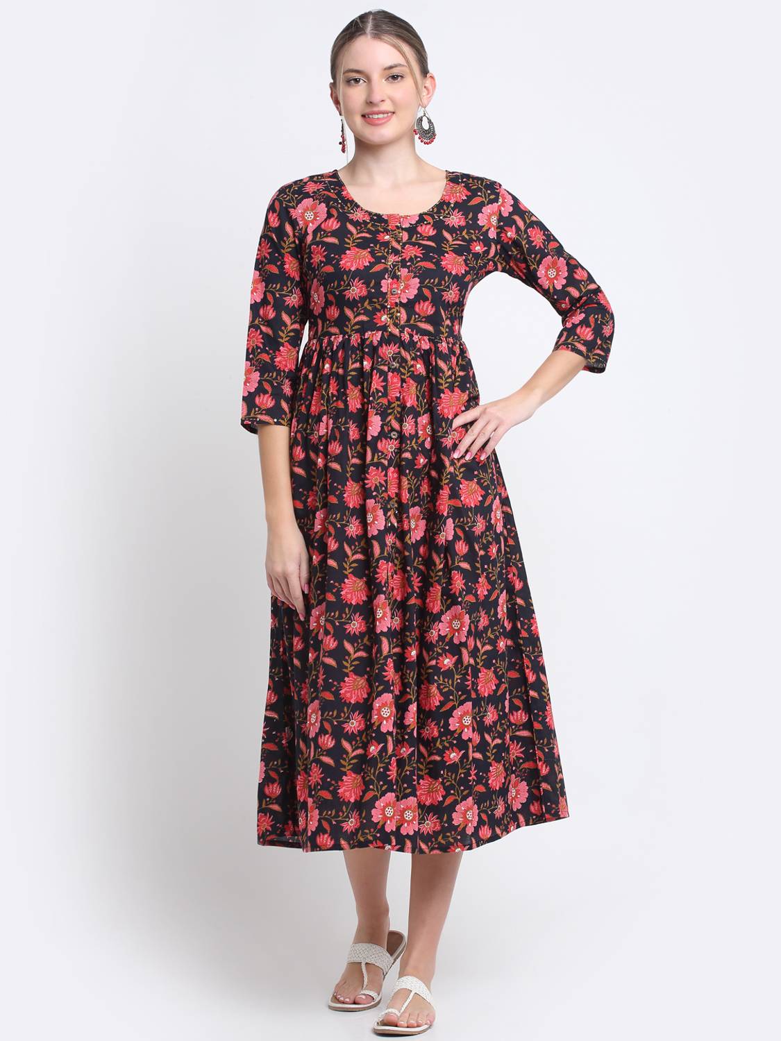 Myaza Women Floral Print Pure Cotton Flared Kurta (Black)