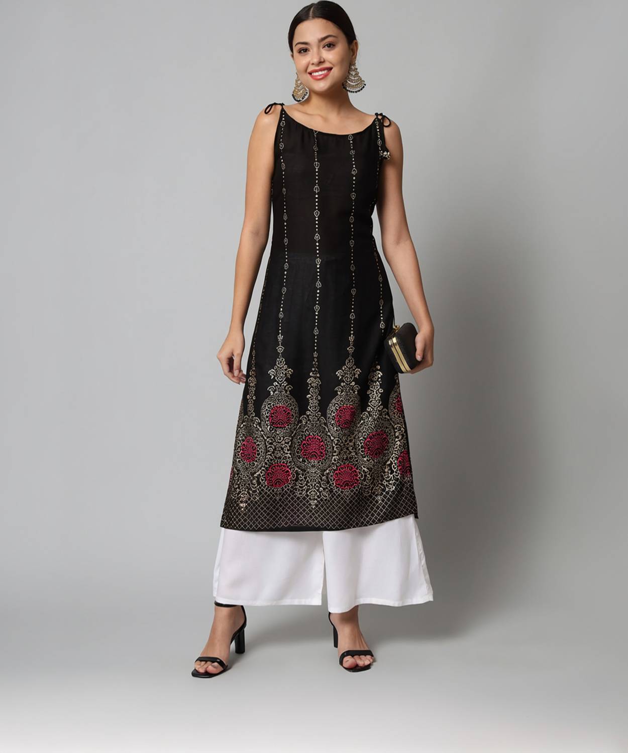 HARSUKHI Women Floral Print Viscose Rayon Straight Kurta (Black)