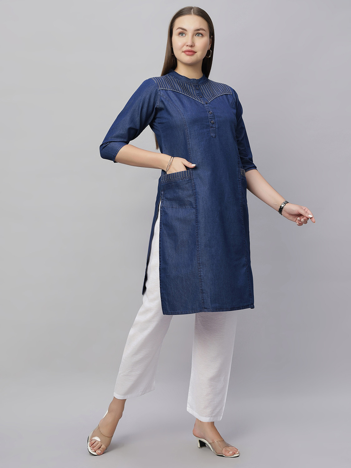 Image of SK Creation Self Design Cotton Blend Straight Kurta for Women (Blue)
