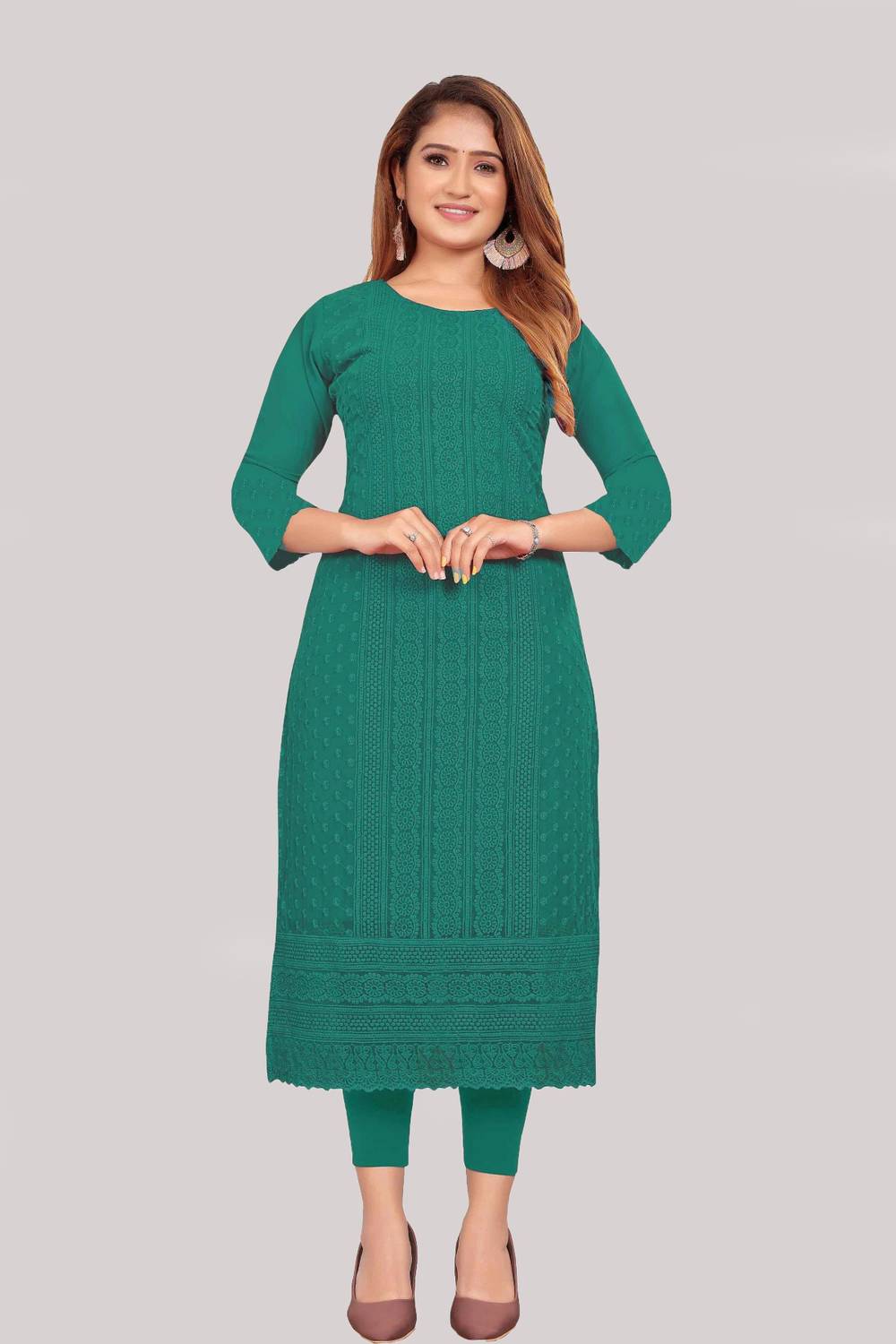 KAYRAAH Women Chikan Embroidery Georgette Straight Kurta (Green)