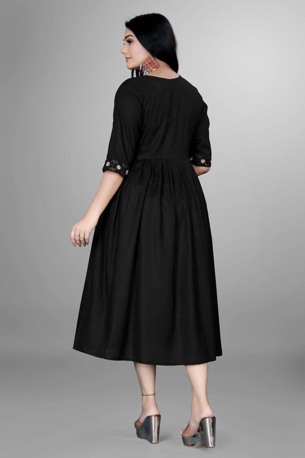 Image of sheladiya Women Fit and Flare Black Midi /Calf Length Dress