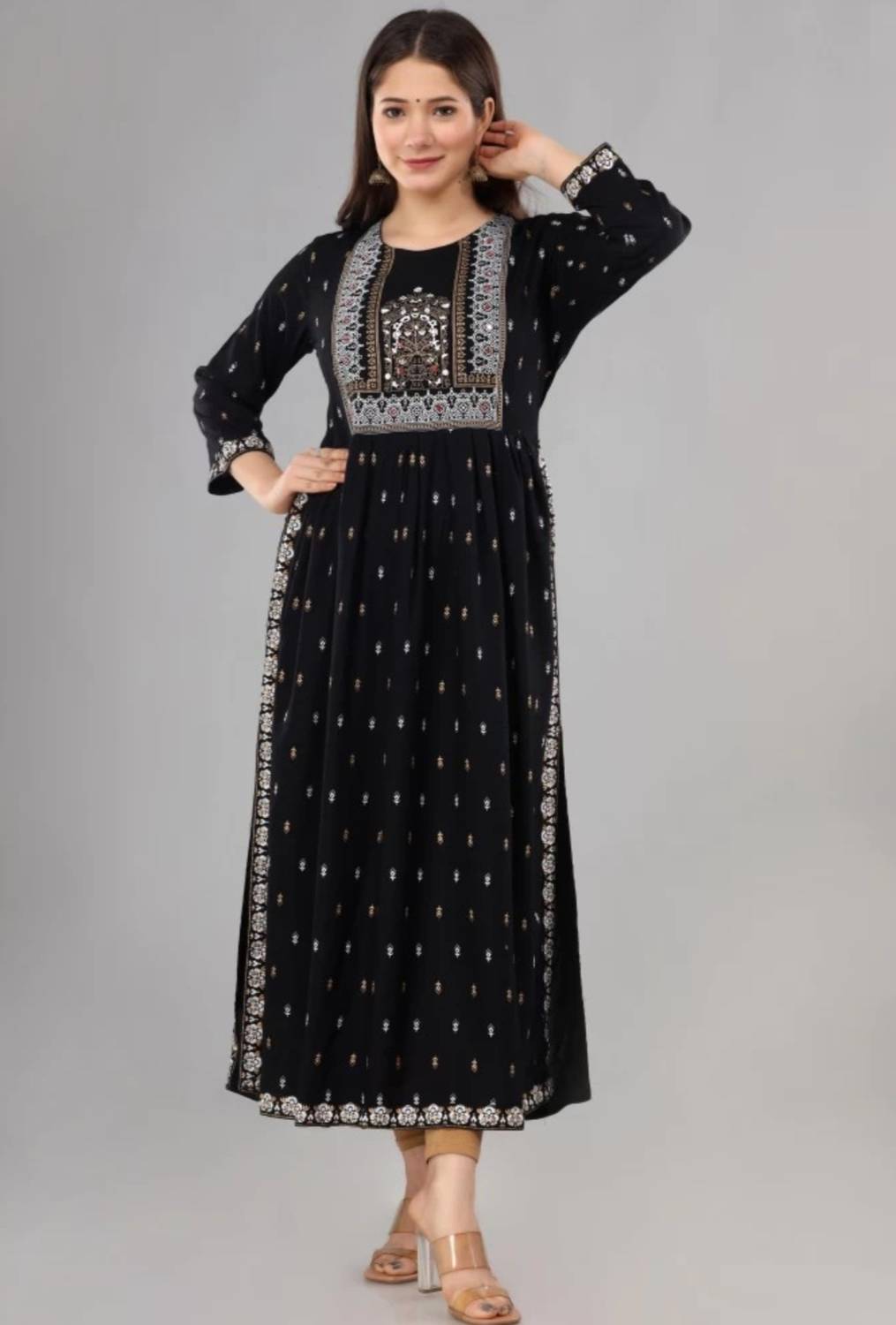 JAYROSH Women Printed Viscose Rayon Flared Kurta (Black)