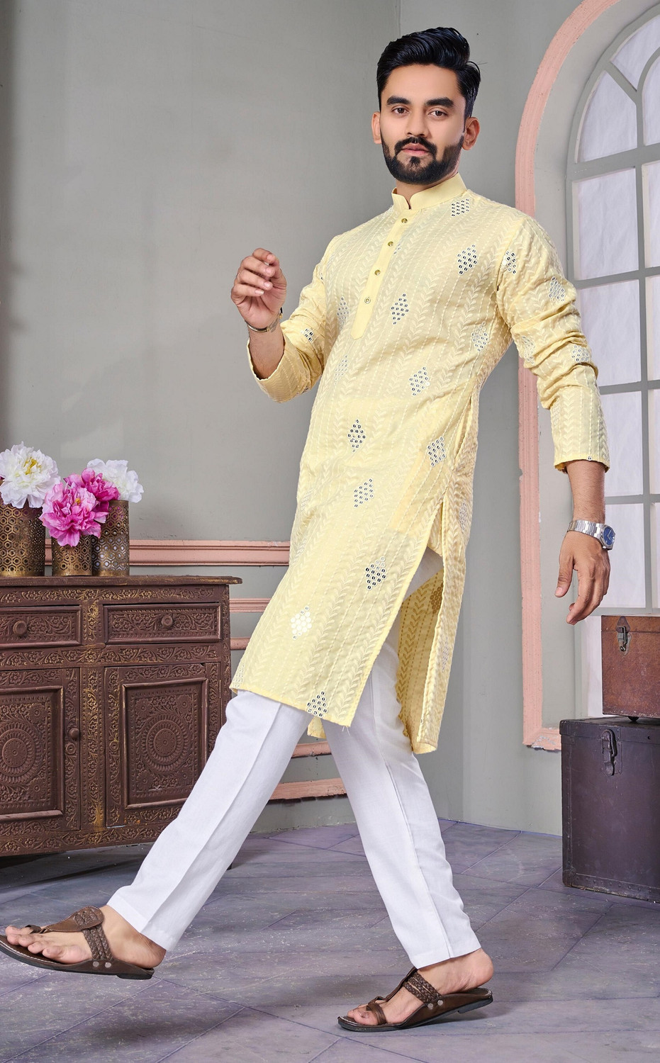 Image of Lazzly Men Embroidered Straight Kurta