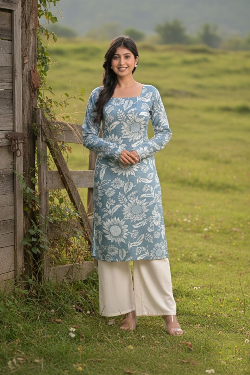 Image of CLANGER Floral Print Pure Cotton Straight Kurta for Women (Grey, Blue)
