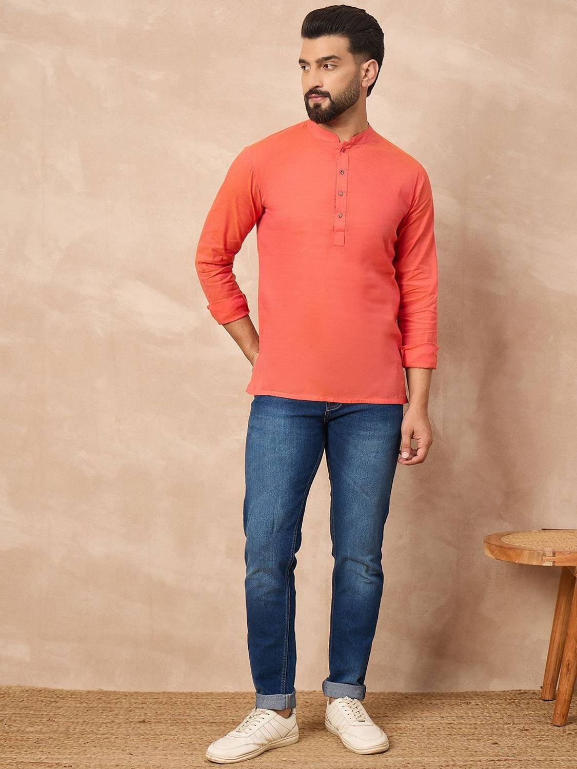 House of Pataudi Men Solid Straight Kurta Orange - Image 4